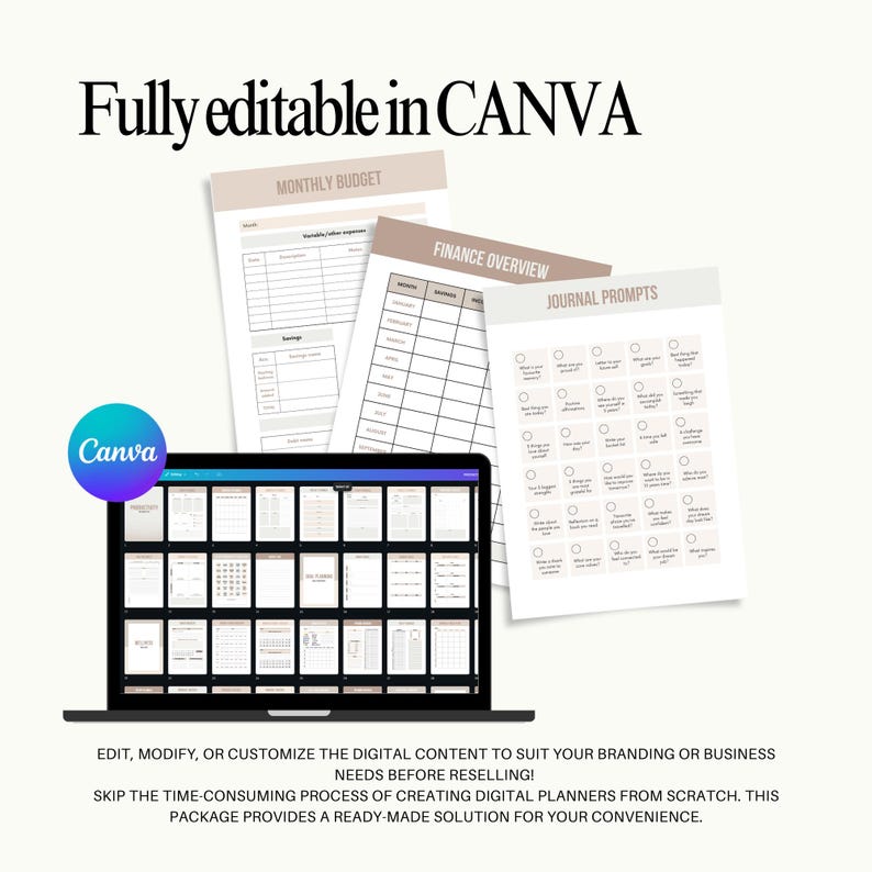 May include: A digital planner template with a laptop displaying various planner pages, alongside printed pages labeled "Monthly Budget," "Finance Overview," and "Journal Prompts." The text "Fully editable in CANVA" is at the top.