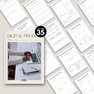 May include: A digital product planner with 35 pages, featuring various templates for content, product ideas, and marketing. The cover displays the title "DIGITAL PRODUCT Planner" with a person using a laptop. The planner includes sections for audience engagement and email campaigns.
