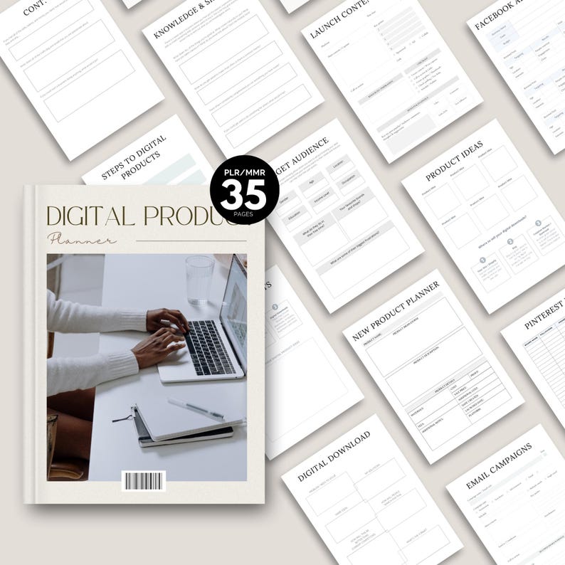 May include: A digital product planner with 35 pages, featuring various templates for content, product ideas, and marketing. The cover displays the title "DIGITAL PRODUCT Planner" with a person using a laptop. The planner includes sections for audience engagement and email campaigns.