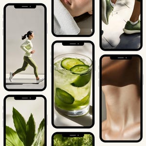 May include: A collage of images featuring a woman running, a glass of cucumber water, a close-up of skin, and green foliage.
