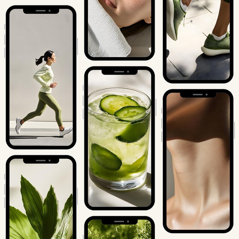 May include: A collage of images featuring a woman running, a glass of cucumber water, a close-up of skin, and green foliage.