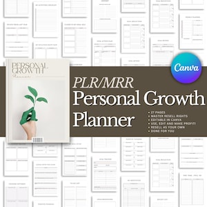 Może przedstawiać: Zestaw drukowanych stron planera rozwoju osobistego. Okładka planera zawiera tekst "PERSONAL GROWTH Planner" z dłonią trzymającą roślinę. Widoczny jest również tekst "PLR/MRR Personal Growth Planner". Planer zawiera strony do wyznaczania celów, refleksji i innych.