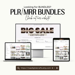 Puede incluir: Anuncio de paquetes digitales, mostrado en una computadora port&aacute;til, un monitor de escritorio y una tableta. El texto dice "Looking for BUNDLES? PLR/MRR BUNDLES Check out our website." Se anuncia una "BIG SALE" con un 70% de descuento. La URL de la tienda de Etsy es visible.