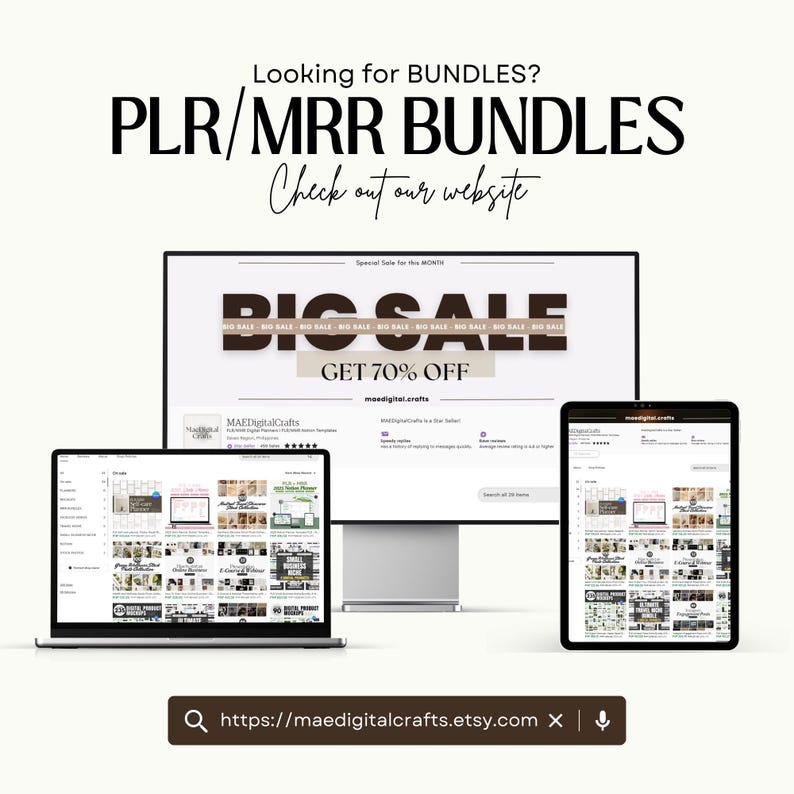 Puede incluir: Anuncio de paquetes digitales, mostrado en una computadora port&aacute;til, un monitor de escritorio y una tableta. El texto dice "Looking for BUNDLES? PLR/MRR BUNDLES Check out our website." Se anuncia una "BIG SALE" con un 70% de descuento. La URL de la tienda de Etsy es visible.