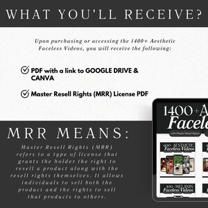 May include: A digital product mockup with the text "1400+ Aesthetic Faceless Videos" and "Master Resell Rights". The text "MRR MEANS" is also included with a description of what Master Resell Rights are.