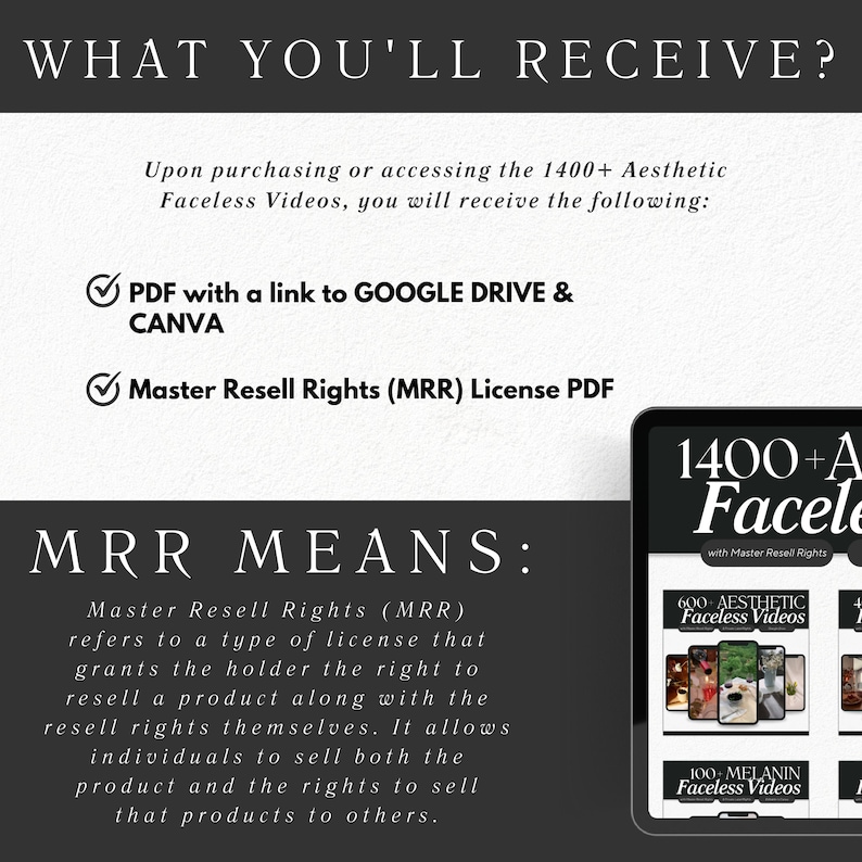 May include: A digital product mockup with the text "1400+ Aesthetic Faceless Videos" and "Master Resell Rights". The text "MRR MEANS" is also included with a description of what Master Resell Rights are.