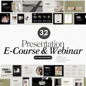 Puede incluir: Una plantilla de presentación para un curso en línea o un seminario web con 32 páginas. La plantilla es editable en Canva e incluye derechos de reventa. La plantilla presenta un esquema de color blanco y negro con un diseño moderno.