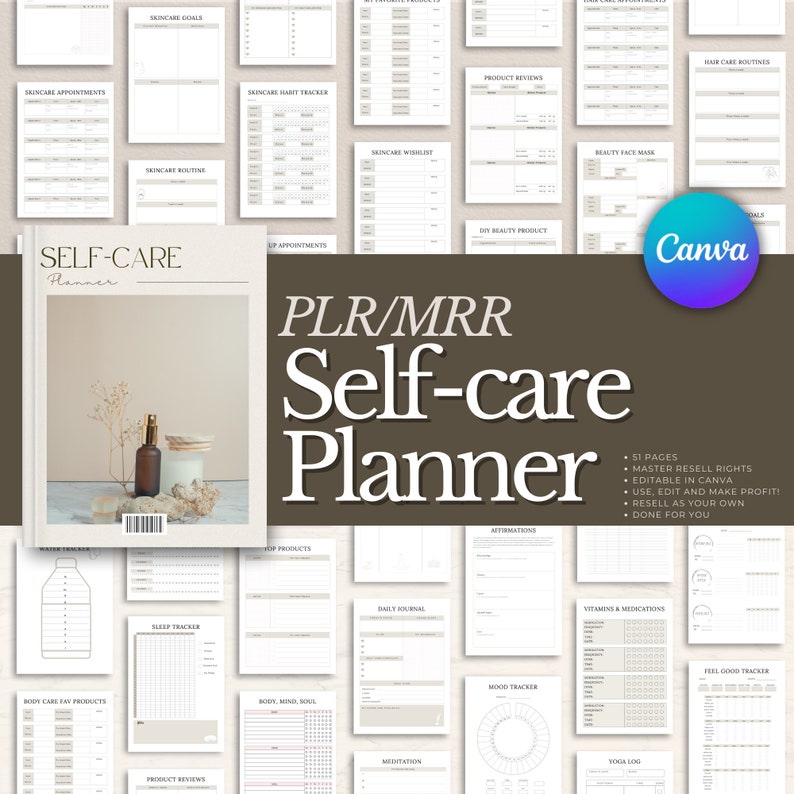 May include: A printable self-care planner with 51 pages, editable in Canva. The planner includes sections for sleep tracking, mood tracking, affirmations, and more. The cover features a brown bottle and a white candle on a natural background.