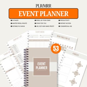 Op de afbeelding: Een beige spiraalgebonden evenementenplanner met de woorden "EVENT PLANNER" op de omslag. De afbeelding bevat verschillende open pagina's met titels als "Event Menu" en "Contact List". De tekst "53 PAGES" is zichtbaar, samen met andere tekst.