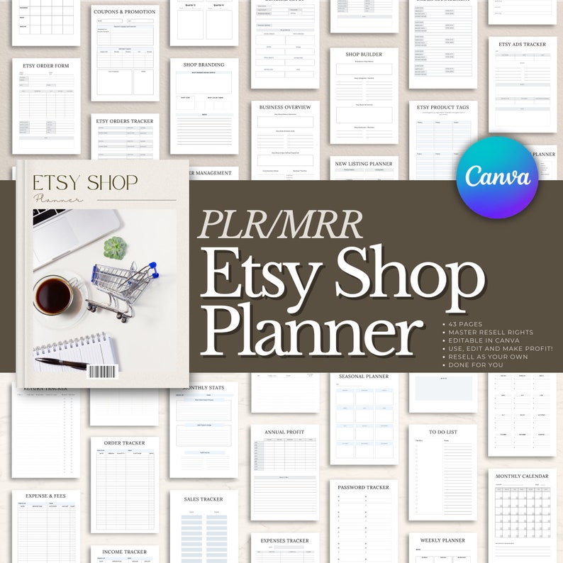 K&ouml;nnte beinhalten: Ein schwarz-wei&szlig;er druckbarer Etsy-Shop-Planer mit 43 Seiten. Der Planer enth&auml;lt Abschnitte f&uuml;r Ausgaben, Einnahmen, Verk&auml;ufe, Bestellungen und mehr. Der Planer ist in Canva bearbeitbar und kann zur Verwaltung eines Etsy-Shops verwendet werden.