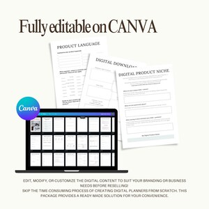 May include: A laptop displaying a grid of digital planner templates, with worksheets and the text "Fully editable on CANVA." The image includes the Canva logo and text: "EDIT, MODIFY, OR CUSTOMIZE THE DIGITAL CONTENT TO SUIT YOUR BRANDING OR BUSINESS NEEDS BEFORE RESELLING!"