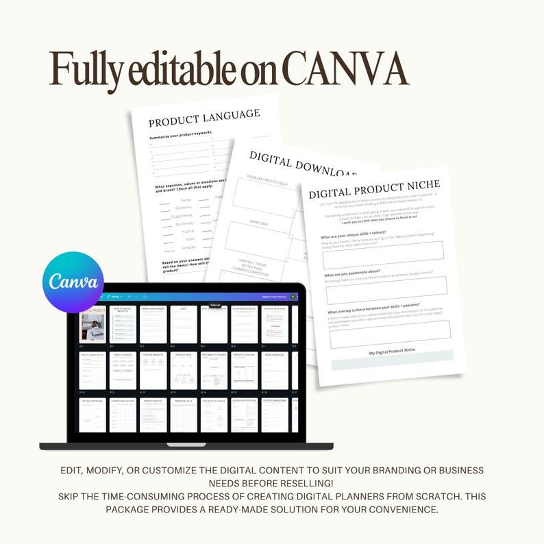May include: A laptop displaying a grid of digital planner templates, with worksheets and the text "Fully editable on CANVA." The image includes the Canva logo and text: "EDIT, MODIFY, OR CUSTOMIZE THE DIGITAL CONTENT TO SUIT YOUR BRANDING OR BUSINESS NEEDS BEFORE RESELLING!"