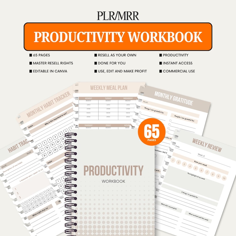 May include: A productivity workbook with the title "Productivity Workbook" in a spiral-bound format. The cover is light gray with the title in a darker gray. The image includes pages for habit tracking, meal planning, and gratitude. The workbook has 65 pages.