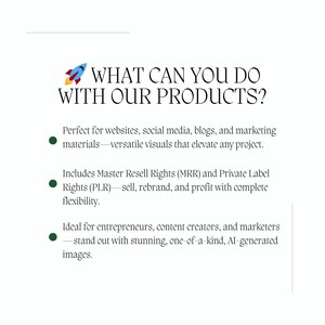 May include: A green rocket icon with the text "WHAT CAN YOU DO WITH OUR PRODUCTS?"  The text below the icon describes the benefits of using the products, including their versatility for websites, social media, blogs, and marketing materials, as well as their resale and private label rights.
