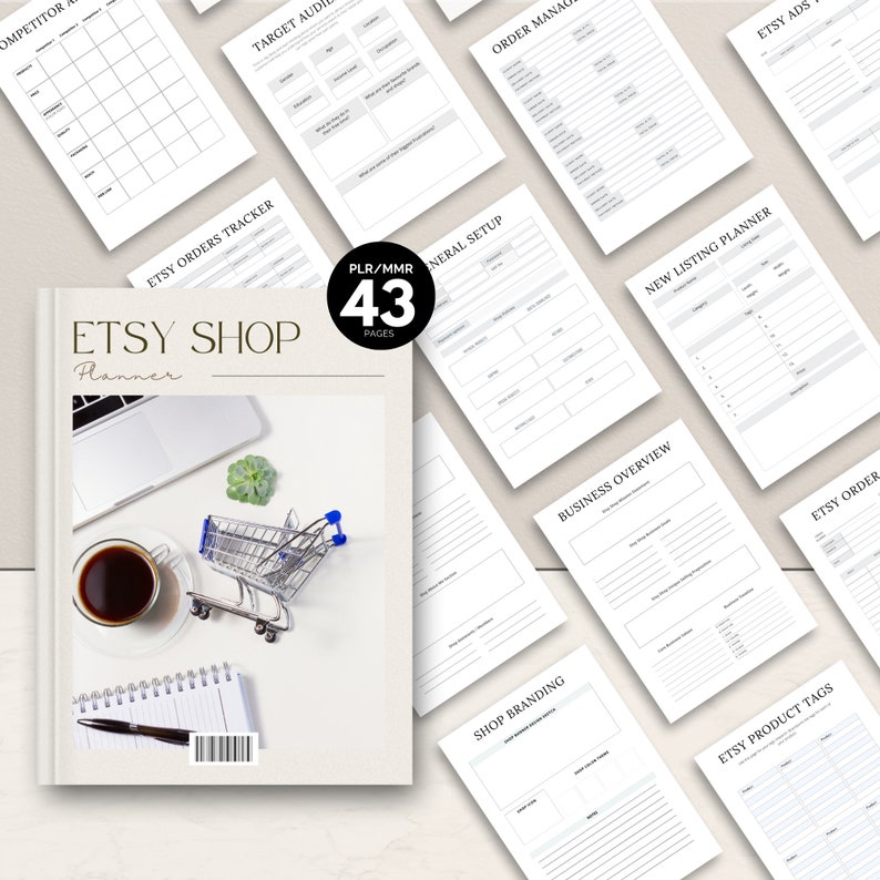 K&ouml;nnte beinhalten: Ein wei&szlig;er und grauer Etsy Shop Planner mit 43 Seiten. Der Planer enth&auml;lt Arbeitsbl&auml;tter f&uuml;r die Wettbewerbsanalyse, die Zielgruppe, den Etsy-Bestelltracker, das Bestellmanagement, den Planer f&uuml;r neue Angebote, Etsy-Anzeigen, Etsy-Produkt-Tags, die Gesch&auml;fts&uuml;bersicht, das Shop-Branding und die allgemeine Einrichtung. Das Cover zeigt einen Laptop, einen kleinen Einkaufswagen, eine Tasse Kaffee und ein Notizbuch mit einem Stift.
