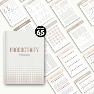 May include: A productivity workbook with the title "Productivity Workbook" in brown text on a light beige cover. The image shows several pages with planning templates, including a weekly to-do list, a daily planner, and a monthly habit tracker. The workbook has 65 pages.