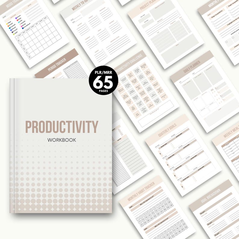 May include: A productivity workbook with the title "Productivity Workbook" in brown text on a light beige cover. The image shows several pages with planning templates, including a weekly to-do list, a daily planner, and a monthly habit tracker. The workbook has 65 pages.