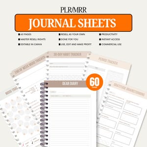 May include: A collection of journal sheets with the text "JOURNAL SHEETS" and "60 PAGES". The journals include trackers for mood, habits, and periods, as well as a "Dear Diary" section. The journals are white with brown accents.