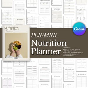 May include: A digital nutrition planner with a beige cover featuring the title "Nutrition Planner" and a photo of a bowl of food. The planner includes pages for health goals, recipes, and weekly meal planning. The text "PLR/MRR Nutrition Planner" is also visible.
