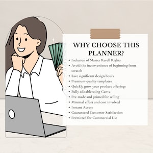 K&ouml;nnte beinhalten: Illustration einer l&auml;chelnden Frau, die Geld h&auml;lt und an einem Laptop sitzt. Der Text lautet "WHY CHOOSE THIS PLANNER?" und listet die Vorteile der Verwendung des Planers auf, darunter: "Inclusion of Master Resell Rights", "Avoid the inconvenience of beginning from scratch", "Save significant design hours", "Premium-quality templates", "Quickly grow your product offerings", "Fully editable using Canva", "Pre-made and primed for selling", "Minimal effort and cost involved", "Instant Access", "Guaranteed Customer Satisfaction", "Permitted for Commercial Use".