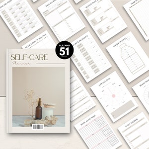 May include: A self-care planner with 51 pages. The cover features a brown bottle with a spray nozzle, a white bowl, and dried flowers. The planner includes pages for tracking skincare habits, weekly beauty routines, favorite products, water intake, mood, and more.