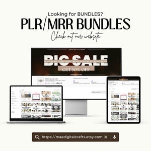 May include: An image promoting PLR/MRR bundles, featuring a laptop, desktop monitor, and tablet displaying a website. The text includes "Looking for BUNDLES?" and "BIG SALE GET 30% OFF." The website address is visible at the bottom.