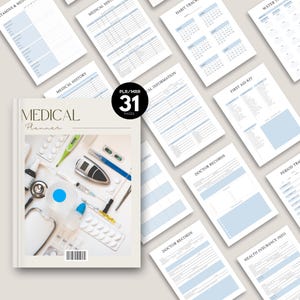 Puede incluir: Un planificador m&eacute;dico con una cubierta color crema y el t&iacute;tulo "MEDICAL Planner". La imagen muestra varios formularios m&eacute;dicos y suministros m&eacute;dicos, incluyendo un estetoscopio, term&oacute;metro y pastillas. El planificador tiene 31 p&aacute;ginas.