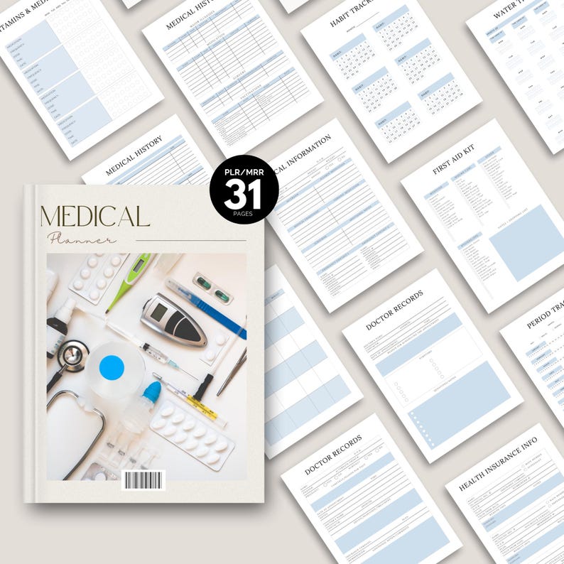 Puede incluir: Un planificador m&eacute;dico con una cubierta color crema y el t&iacute;tulo "MEDICAL Planner". La imagen muestra varios formularios m&eacute;dicos y suministros m&eacute;dicos, incluyendo un estetoscopio, term&oacute;metro y pastillas. El planificador tiene 31 p&aacute;ginas.