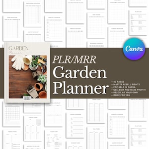 May include: A digital garden planner with a cover showing gardening tools and plants. The planner includes pages for tracking tasks, inventory, and schedules. The cover text reads "Garden Planner". The planner is designed for use with Canva.