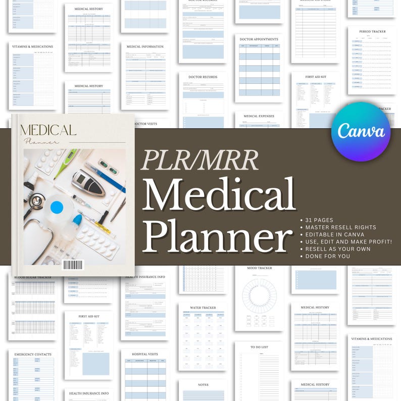 Puede incluir: Un planificador m&eacute;dico con una portada que presenta herramientas m&eacute;dicas y el t&iacute;tulo "Medical Planner". Alrededor del planificador hay varias p&aacute;ginas con dise&ntilde;os en azul y blanco, incluidas secciones para el historial m&eacute;dico, las visitas al m&eacute;dico y el seguimiento de medicamentos. El logotipo de Canva es visible.