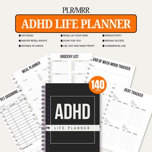 Plr ADHD Life Planner, Master Resell Rights, Plr planner, PLR Digital products, Resell Planner, Plr templates, MRR, Canva templates, Dfy