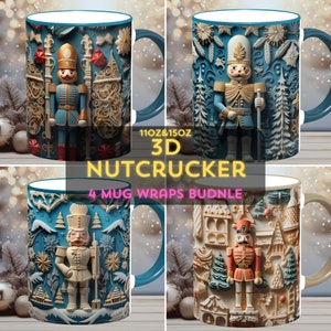 May include: Set of four 11oz and 15oz ceramic mugs with 3D nutcracker designs. The mugs feature a blue background with intricate details and a nutcracker in the center. The designs include a traditional nutcracker, a nutcracker with a Christmas tree, a nutcracker with a gingerbread house, and a nutcracker with a winter scene.