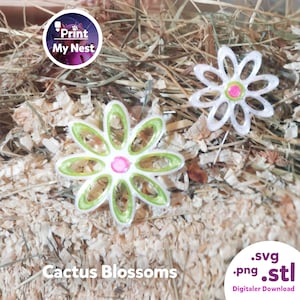 Könnte beinhalten: Zwei weiße, blütenförmige Dekorationen mit grünen und rosa Akzenten, beschriftet mit "Cactus Blossoms". Das Bild enthält ein Logo für "Print My Nest" und Dateitypinformationen: .svg, .png, .stl.