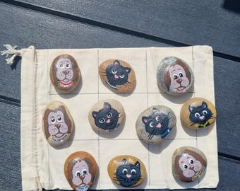Tik-Tac-Toe , Cats & Dogs. handpainted, natural stones, fun beach or travel game, small gift