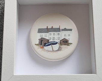 Fishing boat & huts on Aldeburgh beach, with the white lion hotel. Handpainted on a ceramic stone