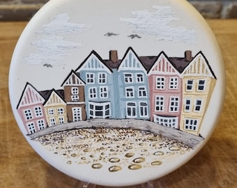 Aldeburgh, from the beach. Handpainted, on a ceramic disc