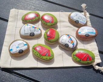 Tik-Tac-Toe Camping theme, handpainted, natural stones, fun beach or travel game, small gift