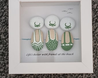 Bathers, 3 handpainted pebble figures - Framed home decor pebble art