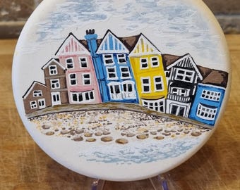 Aldeburgh, from the beach. Handpainted, on a ceramic disc