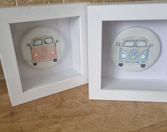 VW Camper van, handpainted on a handmade ceramic clay disk.