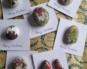 Christmas Easel Pebble Cards, Handpainted. Keepsake, Gift, Comes boxed
