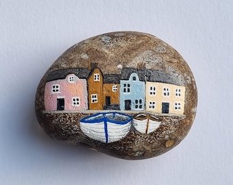 Fishing boats & Coastal Cottages. Handpainted on a natural stone,