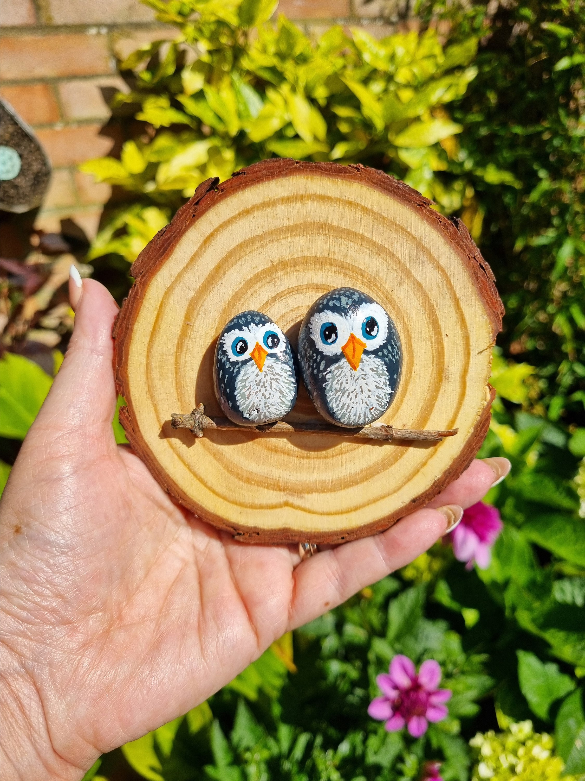 Owls Dark Grey & White hand painted pebbles home décor