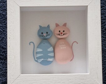 Pink & Blue Pebble Cats - Handpainted wall hanging for a nursery or child's room