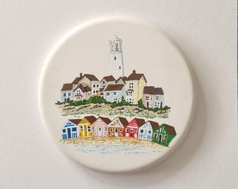 Southwold scene, handpainted, ceramic disc, Lighthouse, beach huts, holiday coastal