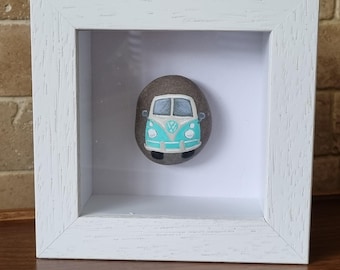 VW Vintage camper. Handpainted pebble, framed art, homedecor
