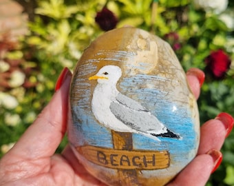 Seagull on a beach sign, handpainted natural stone, Home decor, seaside theme