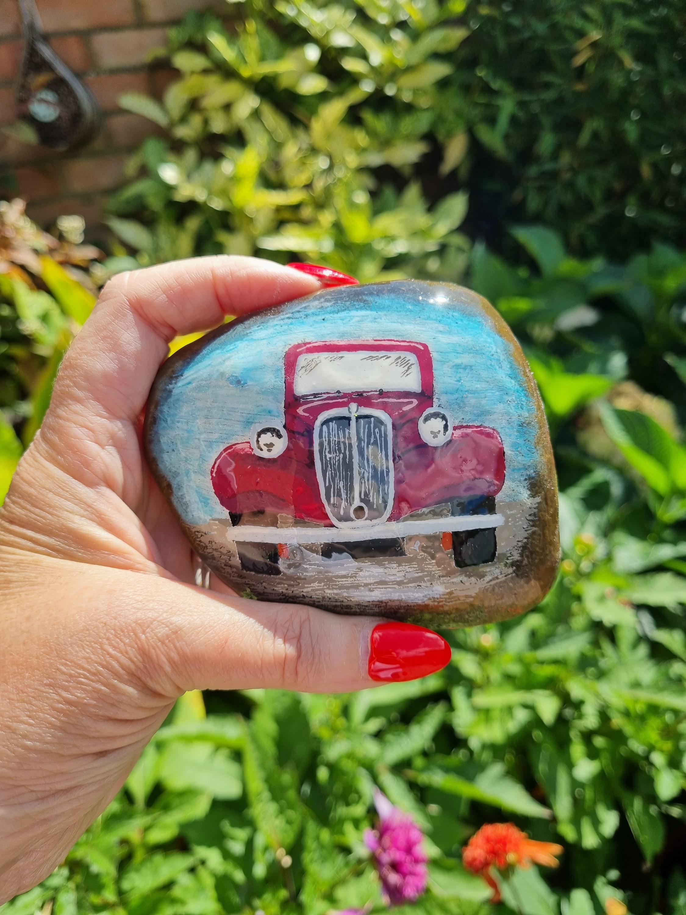 Vintage Classic Car, Hand Painted Stone, Automotive Décor