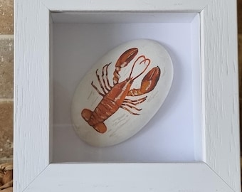 Lobster, handpainted on a handcast ceramic stone, framed art, Seaside Nautical theme home decor