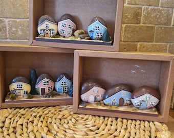 Pebble Cottage, Suffolk style. Handpainted natural pebbles, mounted on wooden base. Keepsakes, Decor